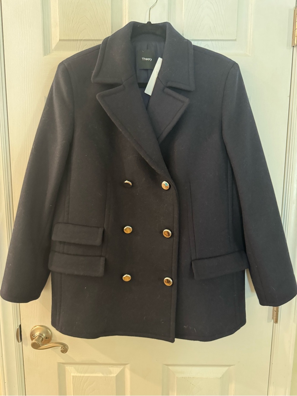 Theory Black Double-Breasted Peacoat with Gold Buttons